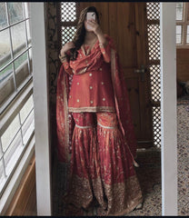Flattering Orange Color Heavy Sequence Work Sharara Suit Flattering Orange Color Heavy Sequence Work Sharara Suit