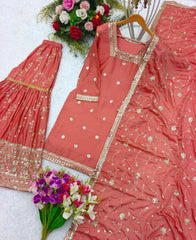 Flattering Orange Color Heavy Sequence Work Sharara Suit Flattering Orange Color Heavy Sequence Work Sharara Suit