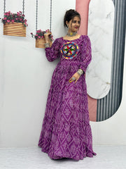 Purple Bandhani Print With Beautiful Work Gown Purple Bandhani Print With Beautiful Work Gown