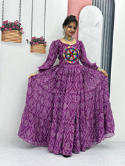 Purple Bandhani Print With Beautiful Work Gown Purple Bandhani Print With Beautiful Work Gown