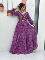 Purple Bandhani Print With Beautiful Work Gown Purple Bandhani Print With Beautiful Work Gown