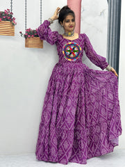 Purple Bandhani Print With Beautiful Work Gown Purple Bandhani Print With Beautiful Work Gown