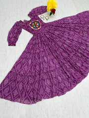 Purple Bandhani Print With Beautiful Work Gown Purple Bandhani Print With Beautiful Work Gown