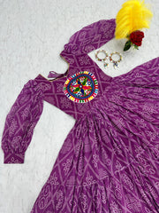 Purple Bandhani Print With Beautiful Work Gown Purple Bandhani Print With Beautiful Work Gown