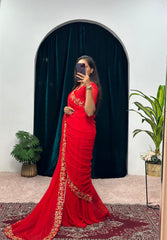 Alluring Red Color Georgette Gown With Attached Pallu Saree Alluring Red Color Georgette Gown With Attached Pallu Saree