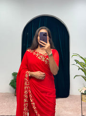 Alluring Red Color Georgette Gown With Attached Pallu Saree Alluring Red Color Georgette Gown With Attached Pallu Saree