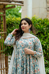 Delightful Multi Design With Sky Color Print Anarkali Suit Delightful Multi Design With Sky Color Print Anarkali Suit