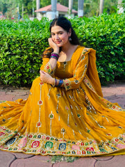 Pretty Embroidery Work Yellow Georgette Anarkali Gown Pretty Embroidery Work Yellow Georgette Anarkali Gown