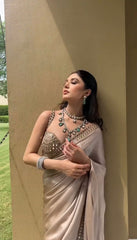 Stylish Satin Silk Mirror Work Beige Color Saree Stylish Satin Silk Mirror Work Beige Color Saree