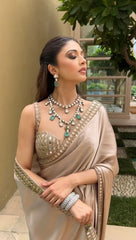 Stylish Satin Silk Mirror Work Beige Color Saree Stylish Satin Silk Mirror Work Beige Color Saree