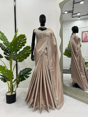 Stylish Satin Silk Mirror Work Beige Color Saree Stylish Satin Silk Mirror Work Beige Color Saree
