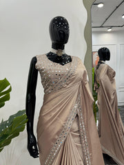 Stylish Satin Silk Mirror Work Beige Color Saree Stylish Satin Silk Mirror Work Beige Color Saree