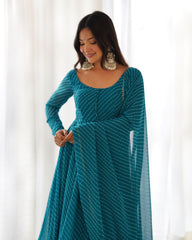 Graceful Georgette Leheriya Print Anarkali Sky Blue Color Gown With Dupatta Graceful Georgette Leheriya Print Anarkali Sky Blue Color Gown With Dupatta