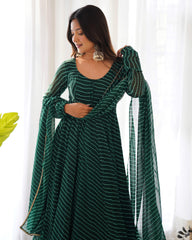 Graceful Georgette Leheriya Print Anarkali Green Color Gown With Dupatta Graceful Georgette Leheriya Print Anarkali Green Color Gown With Dupatta