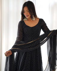 Graceful Georgette Leheriya Print Anarkali Black Color Gown With Dupatta Graceful Georgette Leheriya Print Anarkali Black Color Gown With Dupatta