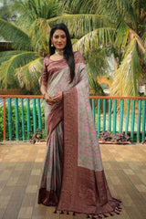 Delightful Maroon Border With Grey Color Kanjivaram Silk Saree Delightful Maroon Border With Grey Color Kanjivaram Silk Saree