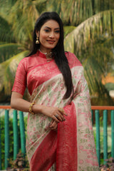 Delightful Red Border With Cream Color Kanjivaram Silk Saree Delightful Red Border With Cream Color Kanjivaram Silk Saree