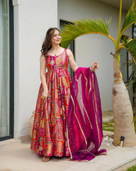 Stylish Digital Printed Multi Color Organza Silk Gown With Dupatta Stylish Digital Printed Multi Color Organza Silk Gown With Dupatta