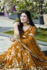Flattering Georgette Mustard Color Sequence Work Anarkali Suit Flattering Georgette Mustard Color Sequence Work Anarkali Suit