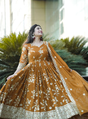 Flattering Georgette Mustard Color Sequence Work Anarkali Suit Flattering Georgette Mustard Color Sequence Work Anarkali Suit