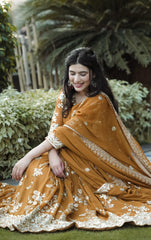 Flattering Georgette Mustard Color Sequence Work Anarkali Suit Flattering Georgette Mustard Color Sequence Work Anarkali Suit