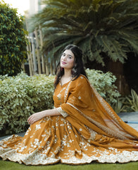 Flattering Georgette Mustard Color Sequence Work Anarkali Suit Flattering Georgette Mustard Color Sequence Work Anarkali Suit