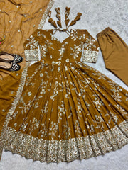 Flattering Georgette Mustard Color Sequence Work Anarkali Suit Flattering Georgette Mustard Color Sequence Work Anarkali Suit
