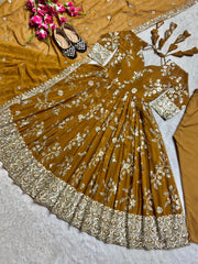 Flattering Georgette Mustard Color Sequence Work Anarkali Suit Flattering Georgette Mustard Color Sequence Work Anarkali Suit