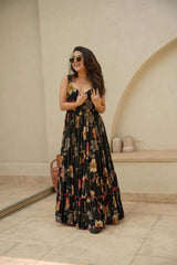 Black Color Digital Printed Full Flair Organza Gown Black Color Digital Printed Full Flair Organza Gown