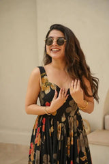 Black Color Digital Printed Full Flair Organza Gown Black Color Digital Printed Full Flair Organza Gown