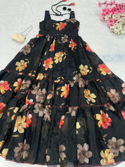 Black Color Digital Printed Full Flair Organza Gown Black Color Digital Printed Full Flair Organza Gown