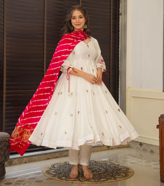 Marvelous White Color Multi Embroidery Butta Work Anarkali Suit