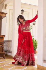 Function Wear Sequence Work Red Color Georgette Lehenga Choli Function Wear Sequence Work Red Color Georgette Lehenga Choli