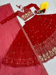 Function Wear Sequence Work Red Color Georgette Lehenga Choli Function Wear Sequence Work Red Color Georgette Lehenga Choli