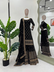 Georgette Thread Work Black Color Beautiful Sharara Suit Georgette Thread Work Black Color Beautiful Sharara Suit