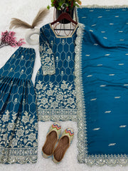 Shining Gorgeous Sequence Work Teal Blue Color Silk Sharara Suit Shining Gorgeous Sequence Work Teal Blue Color Silk Sharara Suit