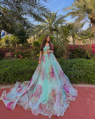 Beautiful Flower Print Sky Blue Organza Silk Lehenga Choli Beautiful Flower Print Sky Blue Organza Silk Lehenga Choli