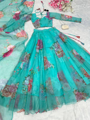 Beautiful Flower Print Sky Blue Organza Silk Lehenga Choli Beautiful Flower Print Sky Blue Organza Silk Lehenga Choli