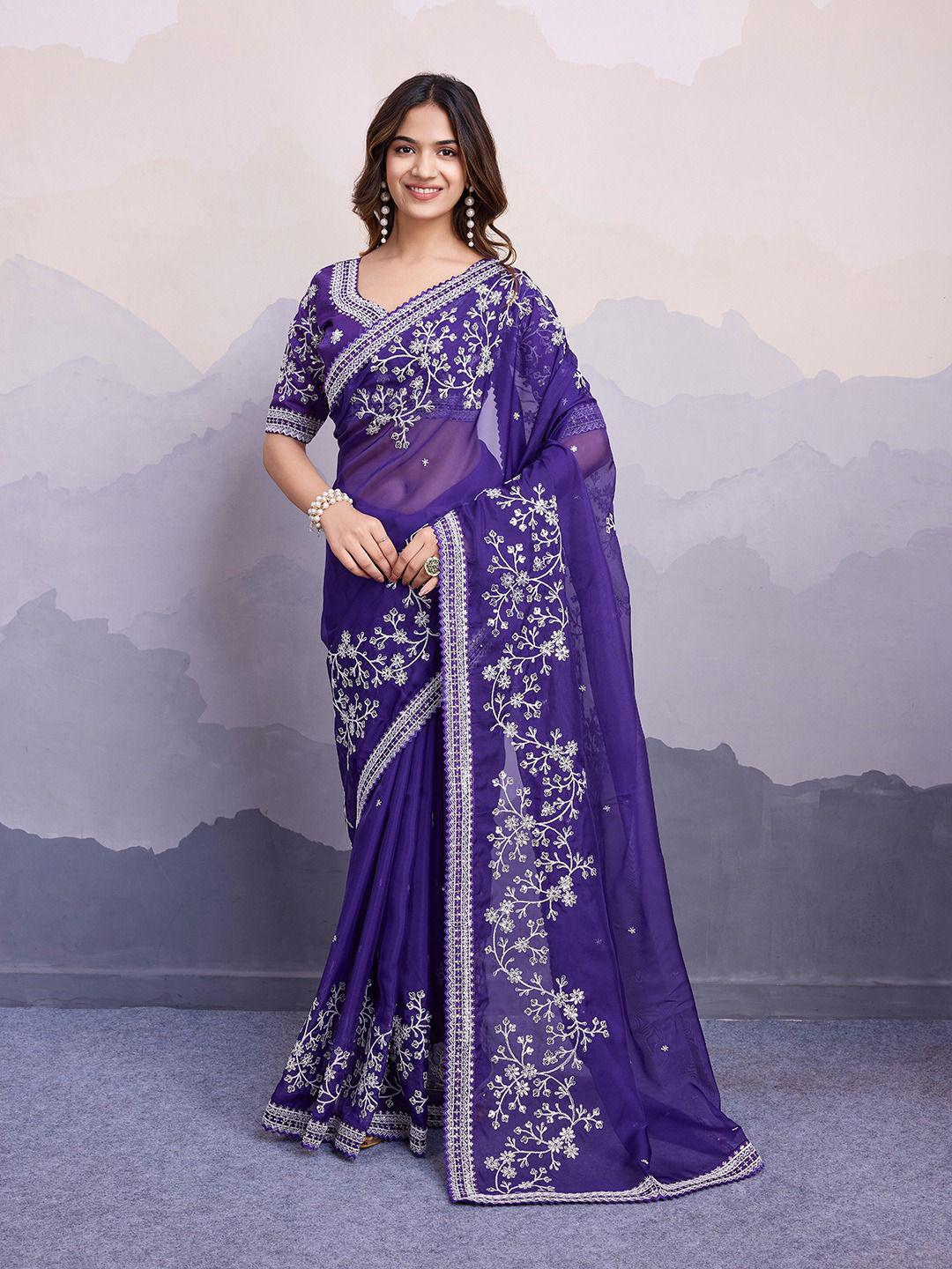 Heavy Organza Thread Embroidery work authentic saree with Tassels Border