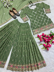Trendy Georgette Sequence Work Heavy Green Color Sharara Suit Trendy Georgette Sequence Work Heavy Green Color Sharara Suit
