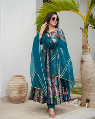 Demanding Organza Blue Color Multi Design Anarkali Suit Demanding Organza Blue Color Multi Design Anarkali Suit