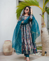 Demanding Organza Blue Color Multi Design Anarkali Suit Demanding Organza Blue Color Multi Design Anarkali Suit