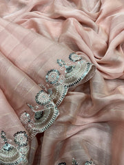 Charming Chiffon Zari Line Work Peach Color Saree Charming Chiffon Zari Line Work Peach Color Saree