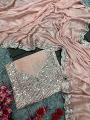 Charming Chiffon Zari Line Work Peach Color Saree Charming Chiffon Zari Line Work Peach Color Saree