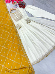 Outstanding Sequence Work Mustard Color Gown Outstanding Sequence Work Mustard Color Gown