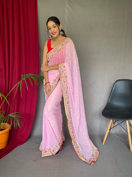 Unique Banglori Silk Sequence Work Pink Color Saree