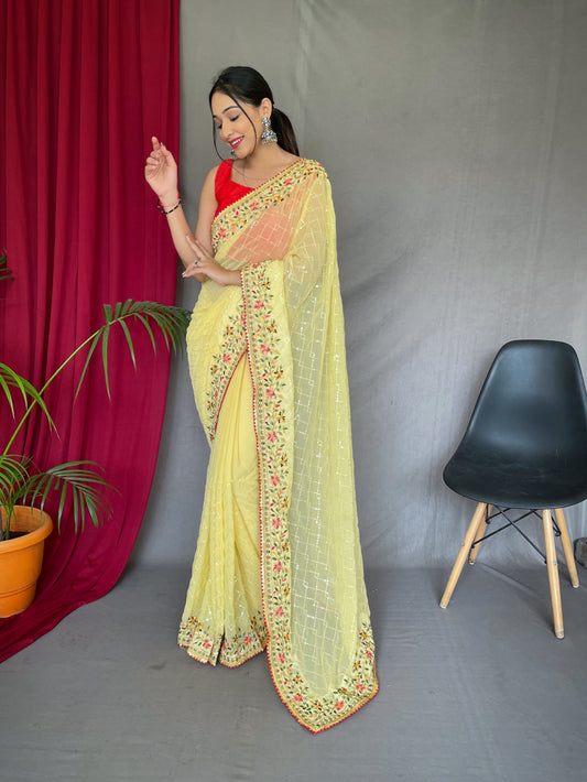 Unique Banglori Silk Sequence Work Yellow Color Saree