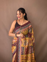 Fantastic Pure Malai Cotton Kalamkari Yellow Saree Fantastic Pure Malai Cotton Kalamkari Yellow Saree