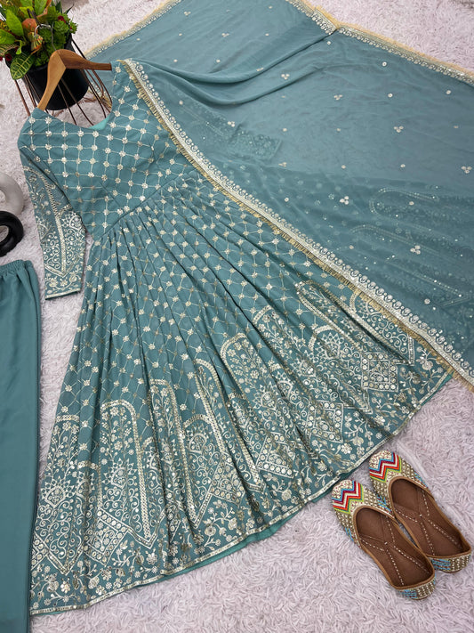 Classic Georgette Sky Blue Color Embroidery Work Salwar Suit