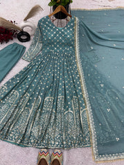 Classic Georgette Sky Blue Color Embroidery Work Salwar Suit Classic Georgette Sky Blue Color Embroidery Work Salwar Suit